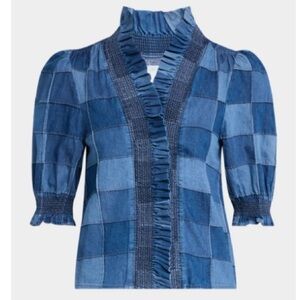 Love the Label Zuri Patchwork Denim Puff-Sleeve Top size XS